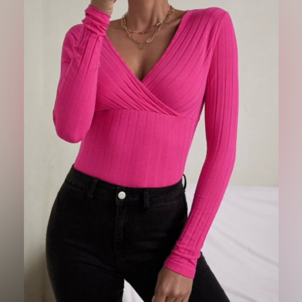 Hot Pink Ribbed V-Neck Top